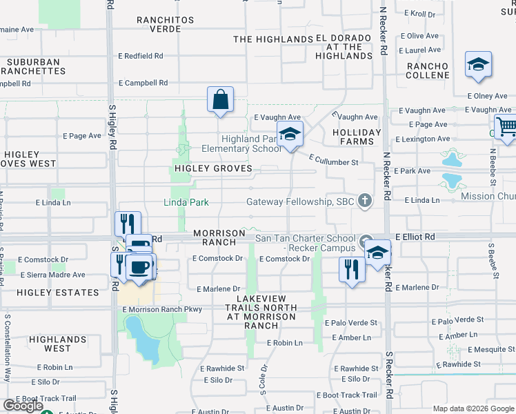 map of restaurants, bars, coffee shops, grocery stores, and more near 3624 East Linda Lane in Gilbert
