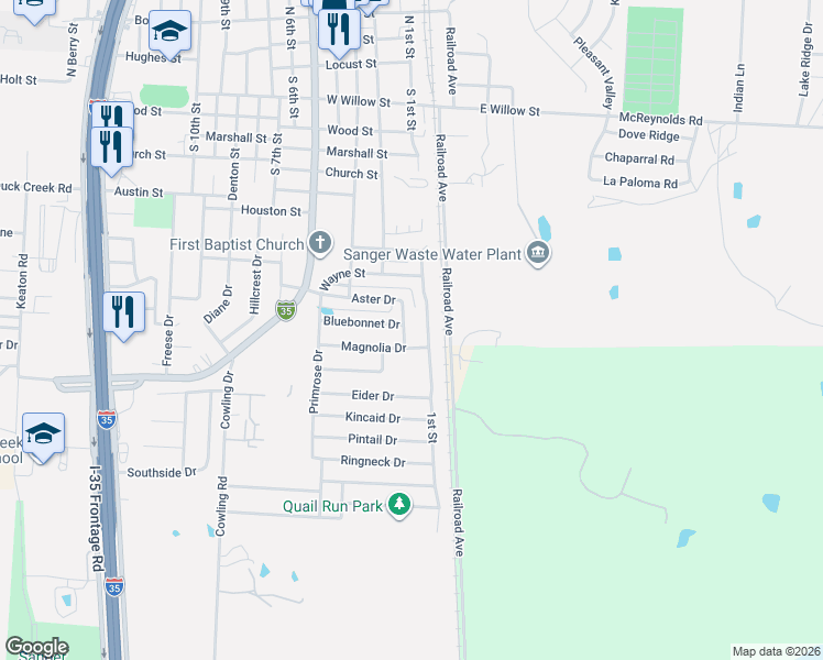 map of restaurants, bars, coffee shops, grocery stores, and more near 189 Aster Drive in Sanger