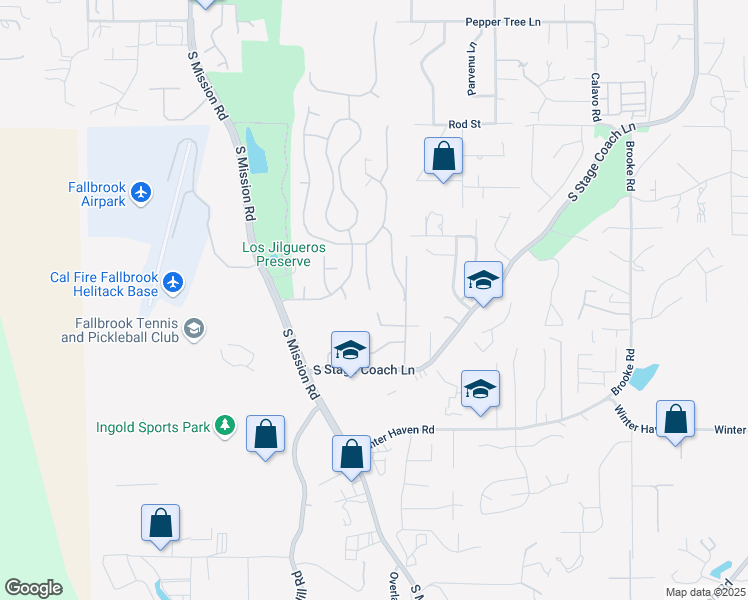 map of restaurants, bars, coffee shops, grocery stores, and more near 2196 Kirkcaldy Road in Fallbrook