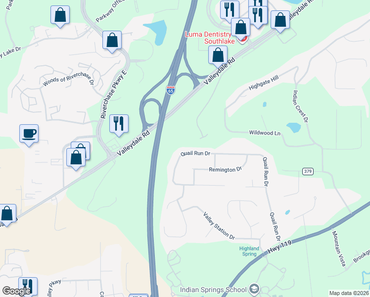 map of restaurants, bars, coffee shops, grocery stores, and more near 6565 Quail Run Drive in Pelham