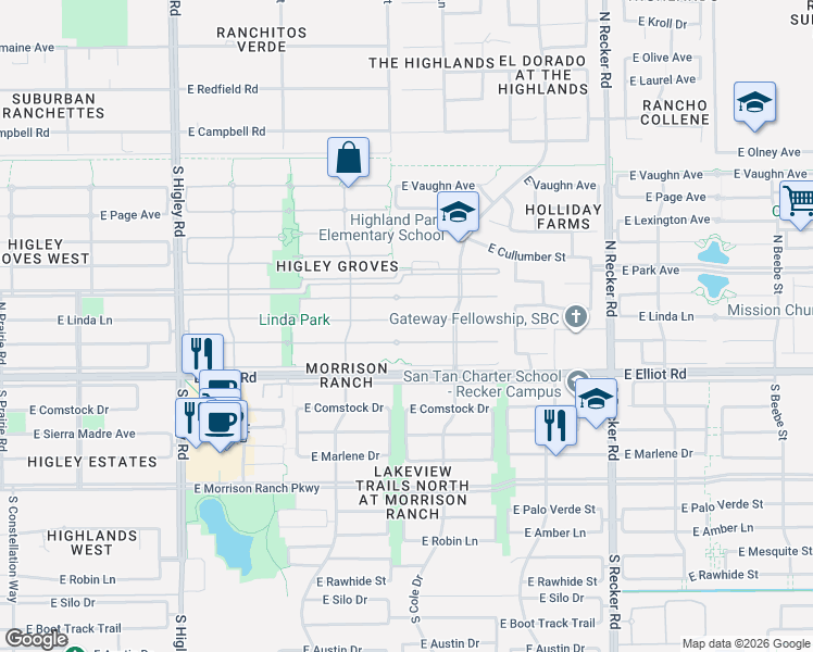 map of restaurants, bars, coffee shops, grocery stores, and more near 3624 East Linda Lane in Gilbert