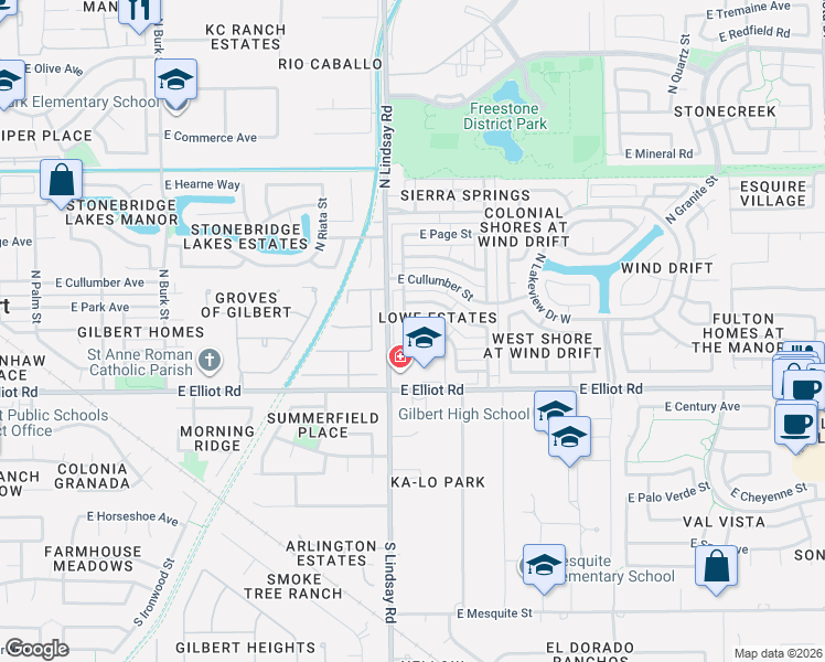 map of restaurants, bars, coffee shops, grocery stores, and more near 130 North Heritage Drive in Gilbert