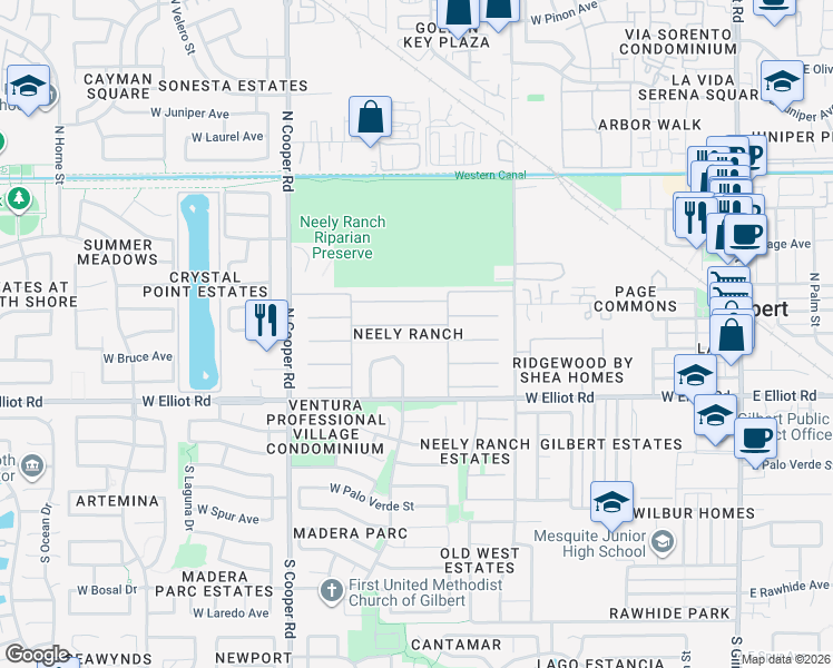 map of restaurants, bars, coffee shops, grocery stores, and more near in Gilbert