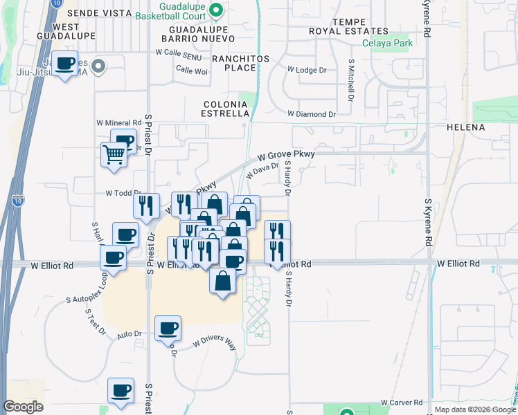 map of restaurants, bars, coffee shops, grocery stores, and more near 7252 South Roberts Road in Tempe