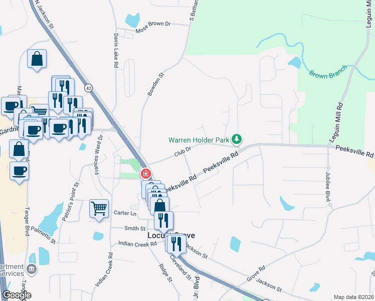 map of restaurants, bars, coffee shops, grocery stores, and more near 103 Club Drive in Locust Grove