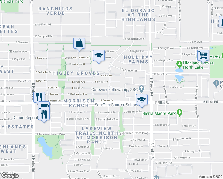 map of restaurants, bars, coffee shops, grocery stores, and more near 3723 East Linda Court in Gilbert