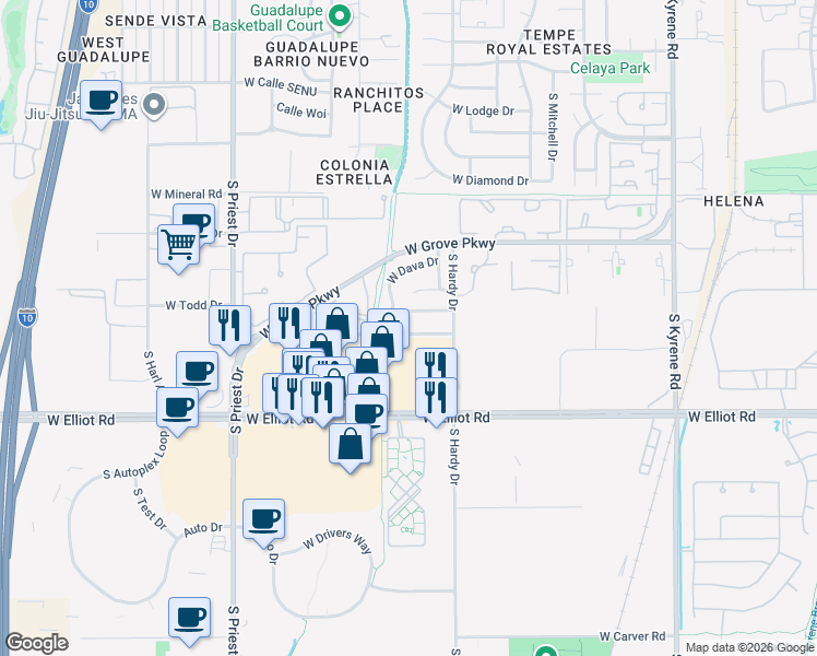 map of restaurants, bars, coffee shops, grocery stores, and more near 7252 South Roberts Road in Tempe