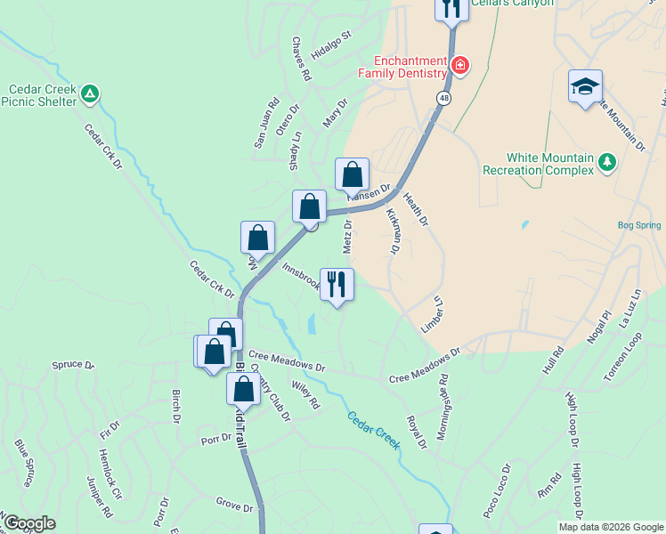 map of restaurants, bars, coffee shops, grocery stores, and more near 113 Riley Cove in Ruidoso