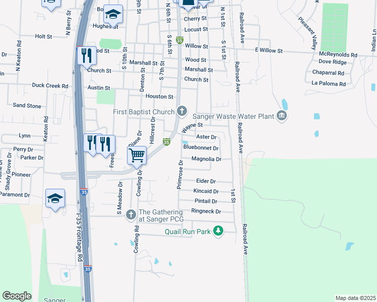 map of restaurants, bars, coffee shops, grocery stores, and more near 306 Aster Drive in Sanger