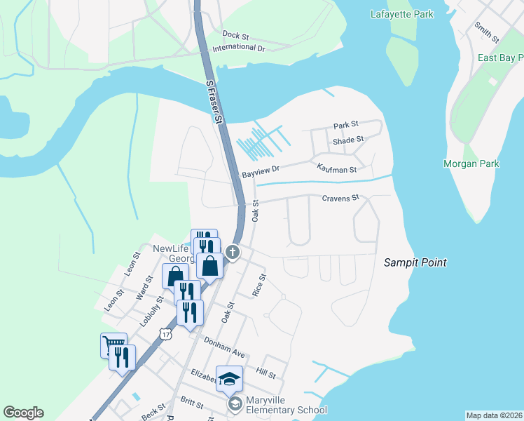 map of restaurants, bars, coffee shops, grocery stores, and more near 1413 South Fraser Street in Georgetown