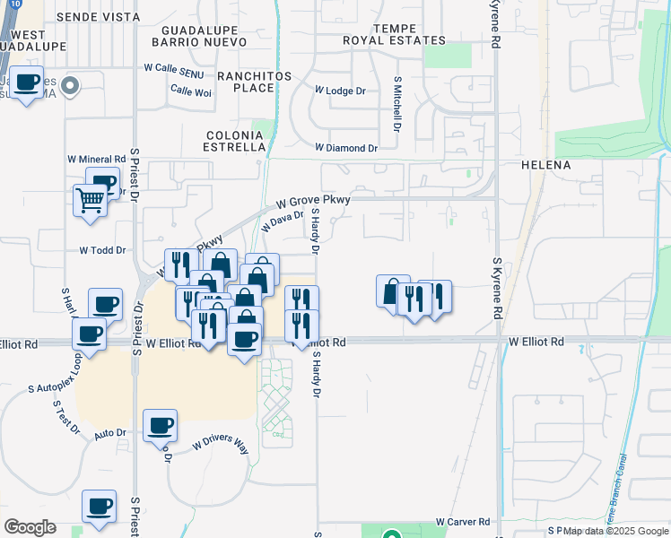map of restaurants, bars, coffee shops, grocery stores, and more near 7333 South Hardy Drive in Tempe