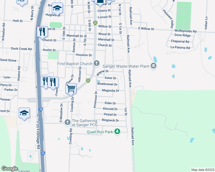map of restaurants, bars, coffee shops, grocery stores, and more near 204 Aster Drive in Sanger