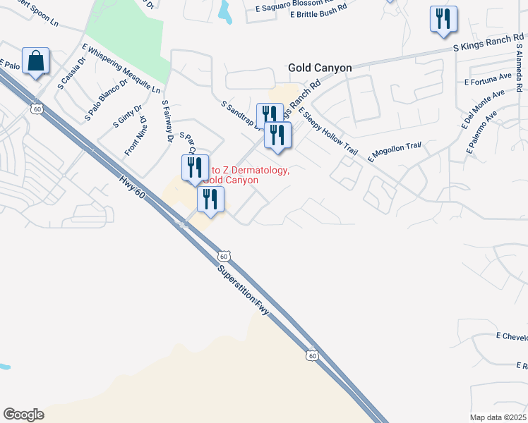 map of restaurants, bars, coffee shops, grocery stores, and more near 6939 South Russet Sky Way in Gold Canyon