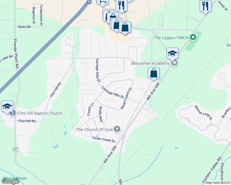 map of restaurants, bars, coffee shops, grocery stores, and more near 453 Carriage Hills Drive in Bessemer