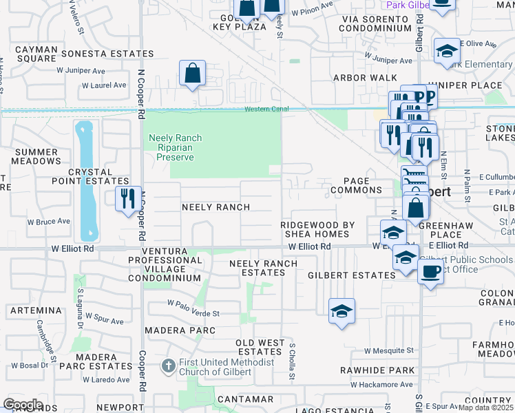 map of restaurants, bars, coffee shops, grocery stores, and more near 445 West Orchard Way in Gilbert