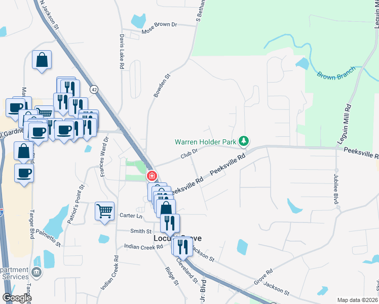 map of restaurants, bars, coffee shops, grocery stores, and more near 103 Club Drive in Locust Grove