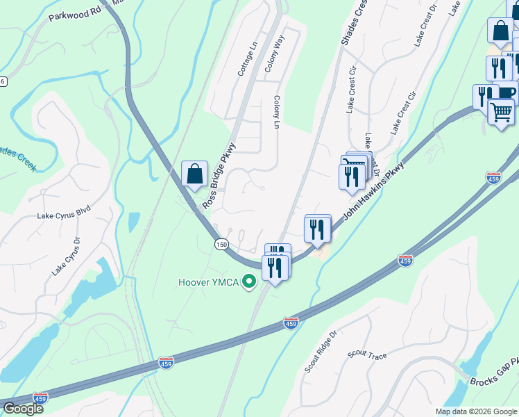 map of restaurants, bars, coffee shops, grocery stores, and more near 1201 Deer Trail Road in Hoover