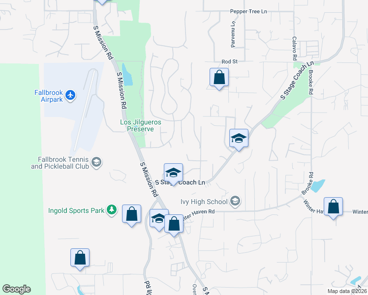map of restaurants, bars, coffee shops, grocery stores, and more near 2196 Kirkcaldy Road in Fallbrook
