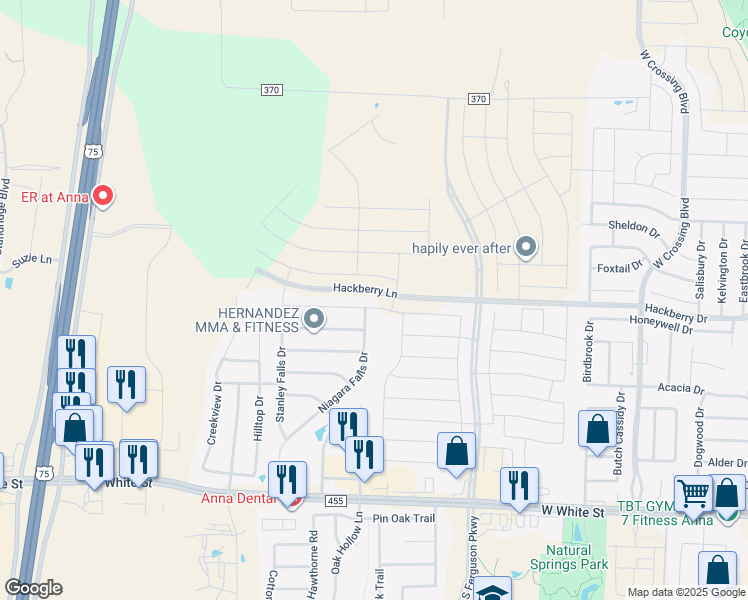 map of restaurants, bars, coffee shops, grocery stores, and more near 1988 Helmoken Falls Drive in Anna