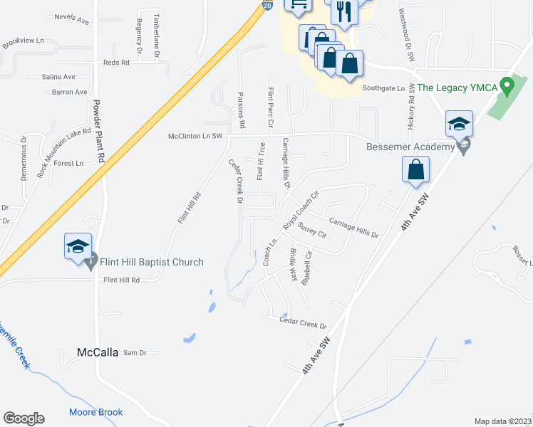 map of restaurants, bars, coffee shops, grocery stores, and more near 71 Carriage House Road Southwest in Bessemer