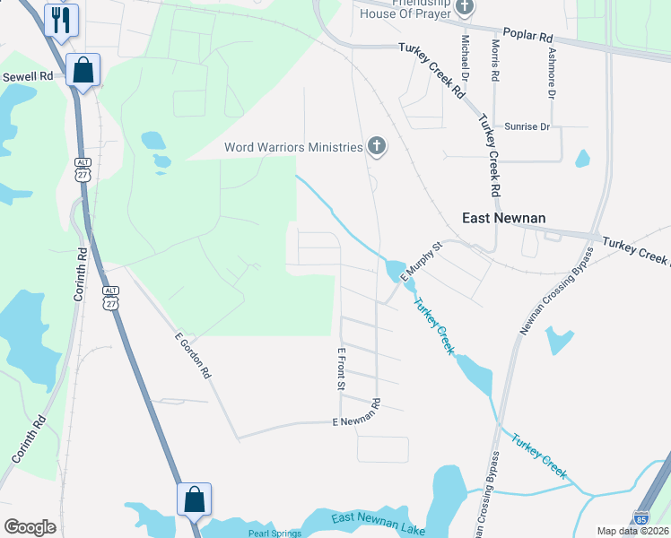 map of restaurants, bars, coffee shops, grocery stores, and more near 107 East Freeman Street in Newnan