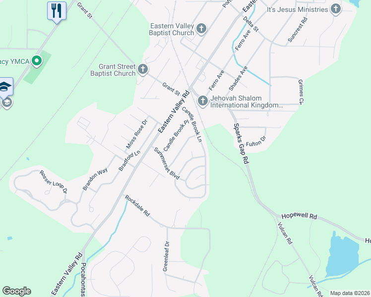map of restaurants, bars, coffee shops, grocery stores, and more near 5112 Candlebrook Terrace in Bessemer