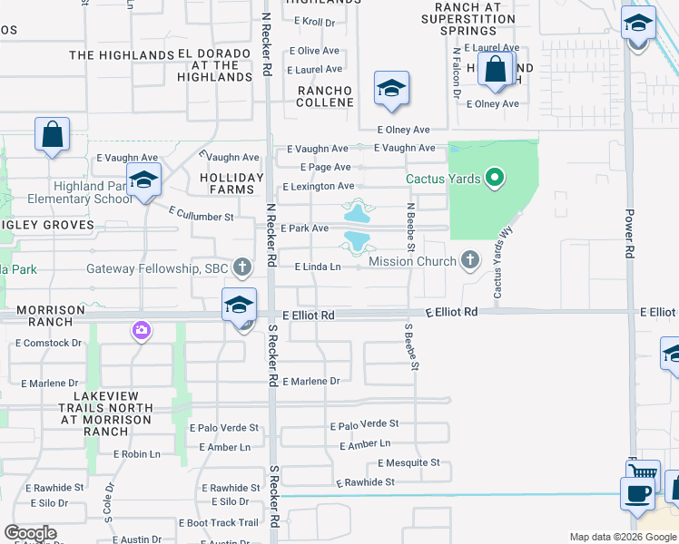map of restaurants, bars, coffee shops, grocery stores, and more near 4201 East Park Avenue in Gilbert