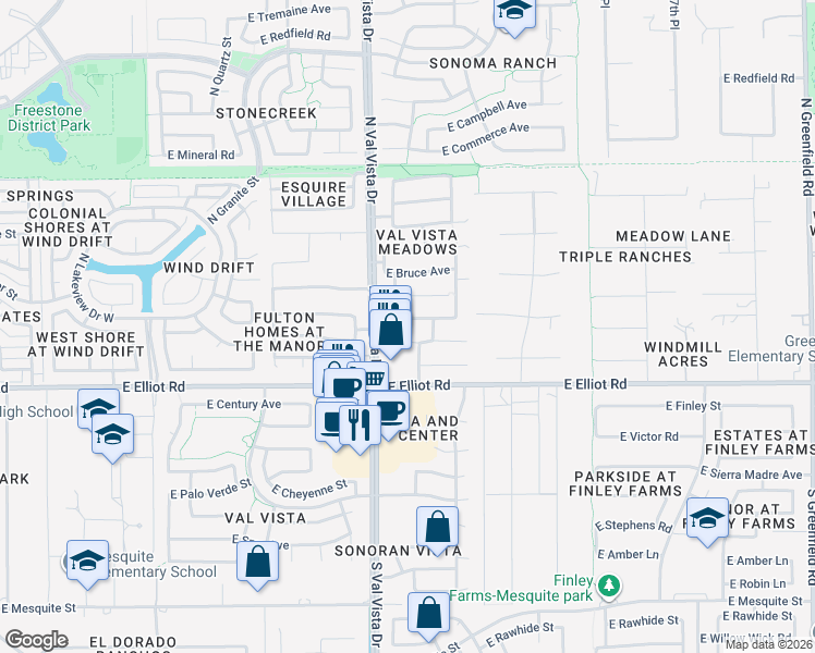 map of restaurants, bars, coffee shops, grocery stores, and more near 1658 East Linda Lane in Gilbert