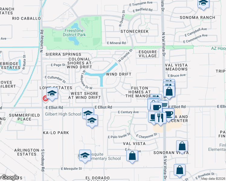 map of restaurants, bars, coffee shops, grocery stores, and more near 1231 East Tradewind Drive in Gilbert