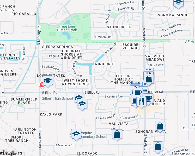 map of restaurants, bars, coffee shops, grocery stores, and more near 1231 East Tradewind Drive in Gilbert