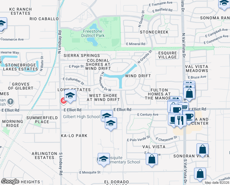 map of restaurants, bars, coffee shops, grocery stores, and more near 1131 East Southshore Drive in Gilbert