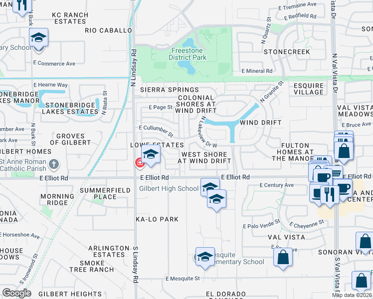 map of restaurants, bars, coffee shops, grocery stores, and more near 117 North Nielson Lane in Gilbert