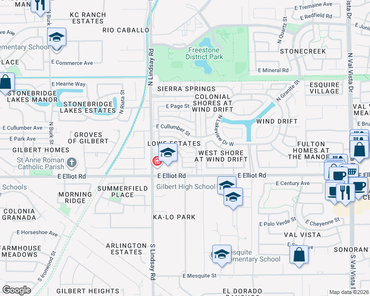 map of restaurants, bars, coffee shops, grocery stores, and more near 954 East Park Avenue in Gilbert