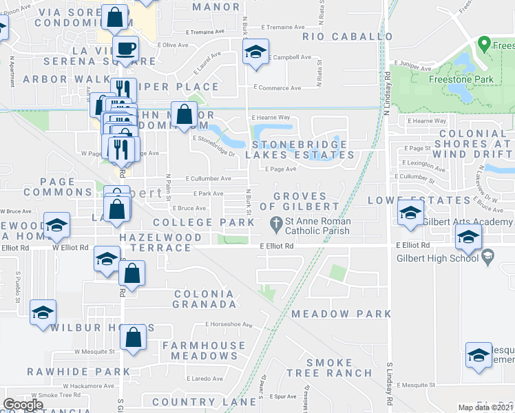 map of restaurants, bars, coffee shops, grocery stores, and more near 406 East Bruce Avenue in Gilbert