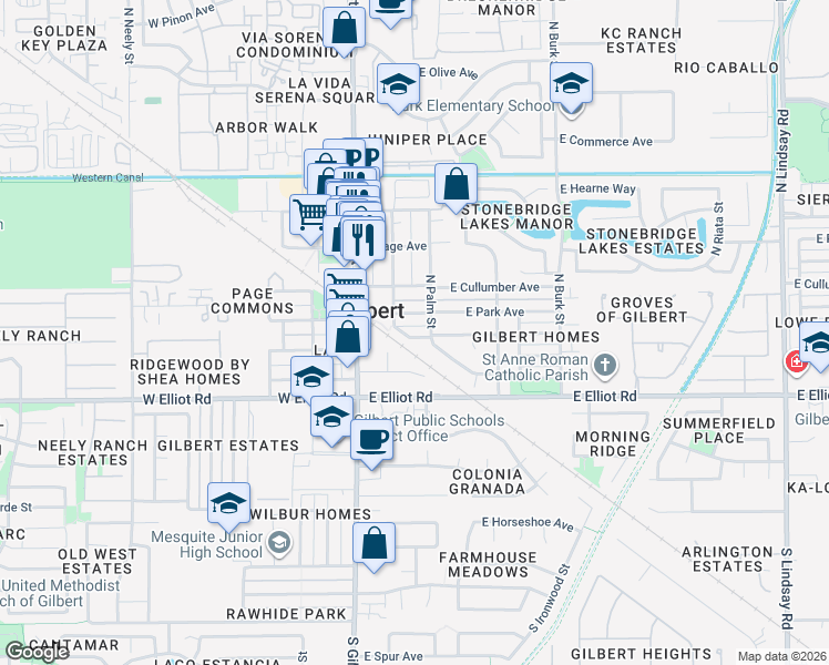 map of restaurants, bars, coffee shops, grocery stores, and more near 111 East Park Avenue in Gilbert