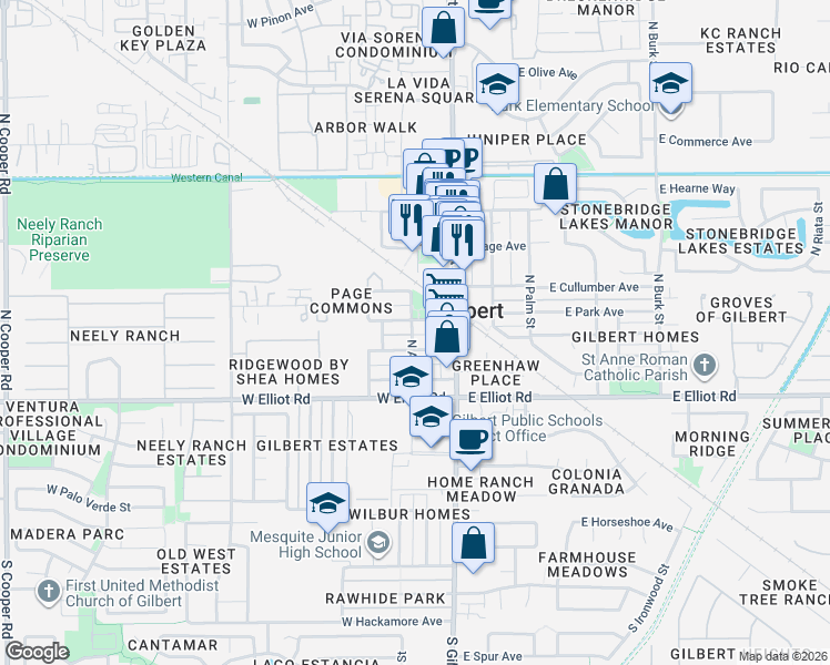 map of restaurants, bars, coffee shops, grocery stores, and more near 15 West Park Avenue in Gilbert