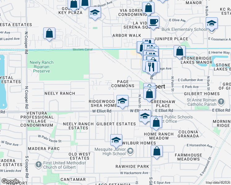 map of restaurants, bars, coffee shops, grocery stores, and more near 347 West Cullumber Avenue in Gilbert