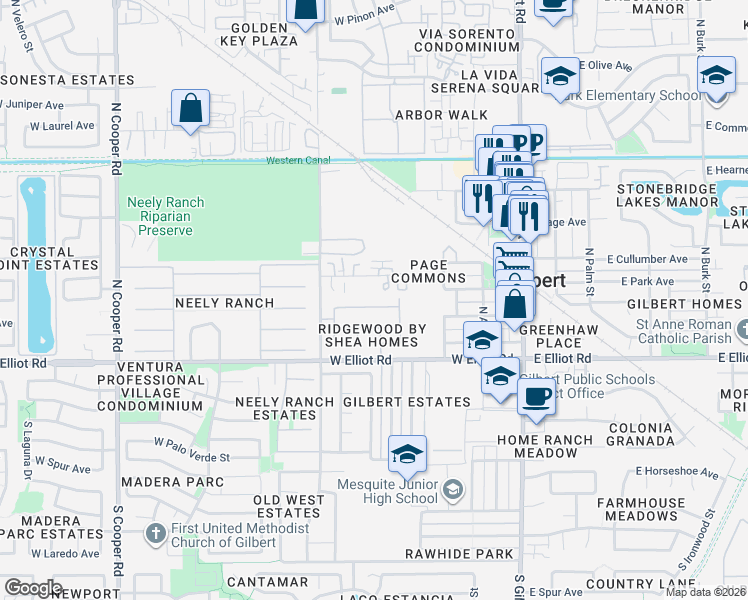 map of restaurants, bars, coffee shops, grocery stores, and more near 371 West Cullumber Avenue in Gilbert