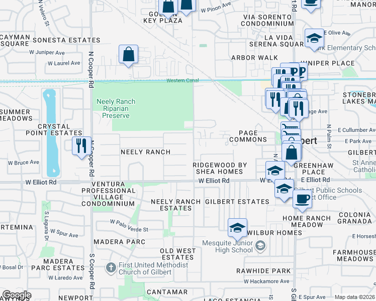 map of restaurants, bars, coffee shops, grocery stores, and more near 445 West Orchard Way in Gilbert