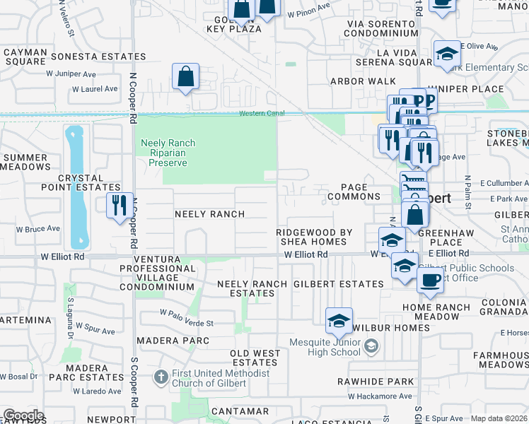 map of restaurants, bars, coffee shops, grocery stores, and more near 445 West Orchard Way in Gilbert