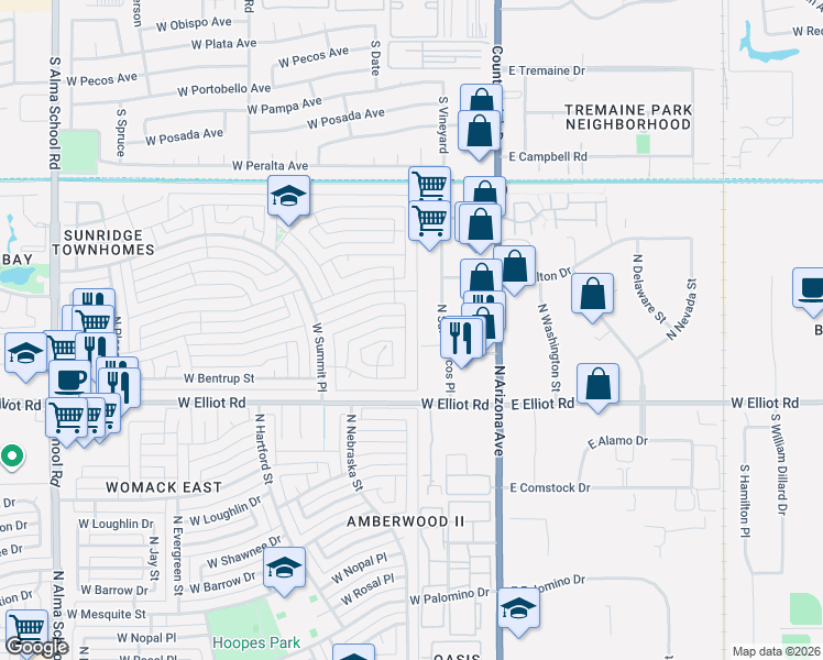 map of restaurants, bars, coffee shops, grocery stores, and more near 3200 North San Marcos Place in Chandler