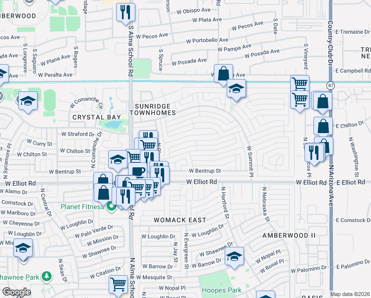 map of restaurants, bars, coffee shops, grocery stores, and more near 714 West Chilton Street in Chandler