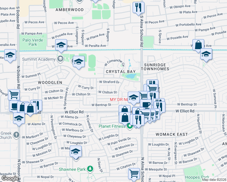 map of restaurants, bars, coffee shops, grocery stores, and more near 3206 North Comanche Drive in Chandler