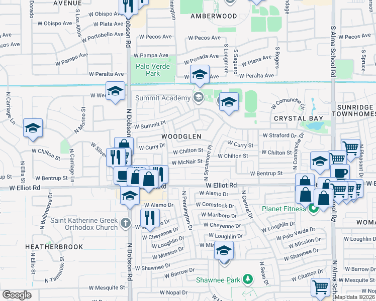 map of restaurants, bars, coffee shops, grocery stores, and more near 1609 West Curry Drive in Chandler