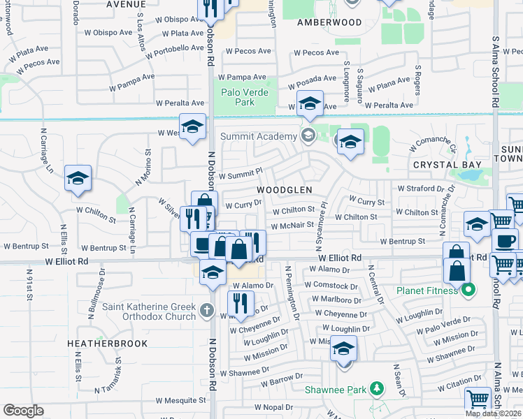 map of restaurants, bars, coffee shops, grocery stores, and more near 3105 North Pennington Drive in Chandler