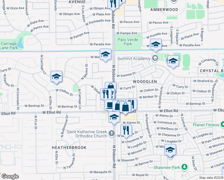 map of restaurants, bars, coffee shops, grocery stores, and more near 3208 North Santa Anna Street in Chandler