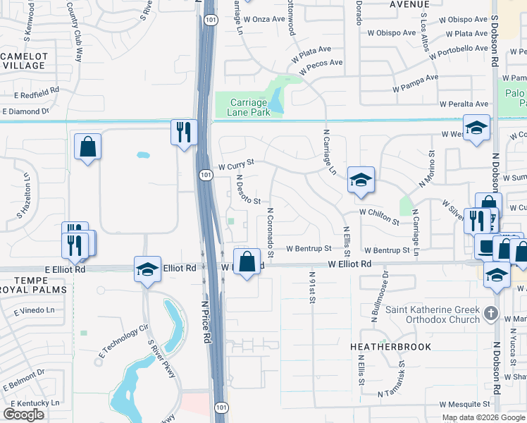 map of restaurants, bars, coffee shops, grocery stores, and more near 3305 North Desoto Street in Chandler