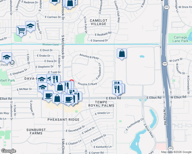 map of restaurants, bars, coffee shops, grocery stores, and more near 1925 East Todd Drive in Tempe