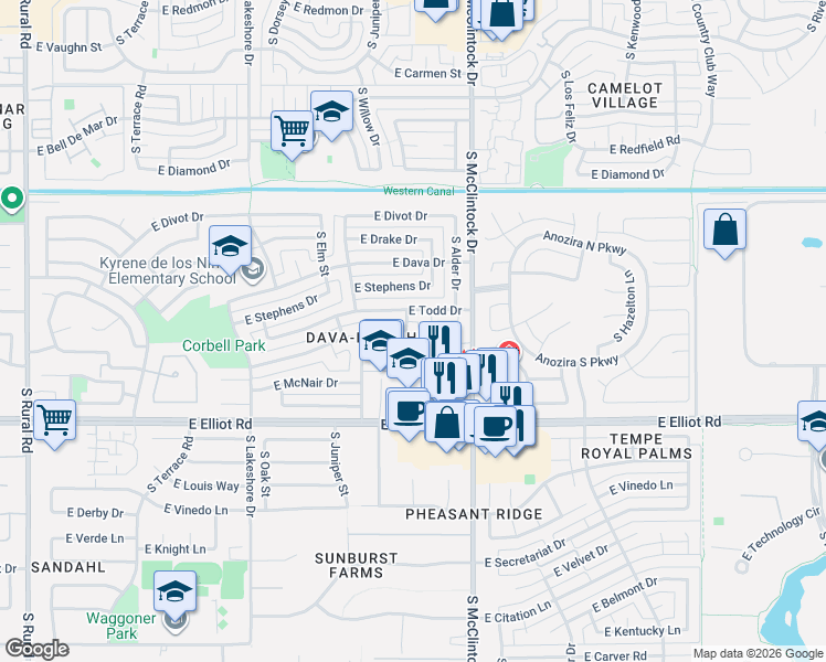 map of restaurants, bars, coffee shops, grocery stores, and more near 1701 East Todd Drive in Tempe