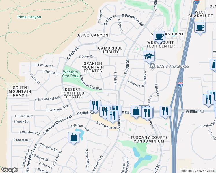 map of restaurants, bars, coffee shops, grocery stores, and more near 10435 South 46th Street in Phoenix